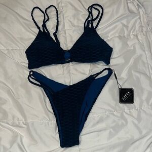 Elegant Dark Blue Textured Bikini Set